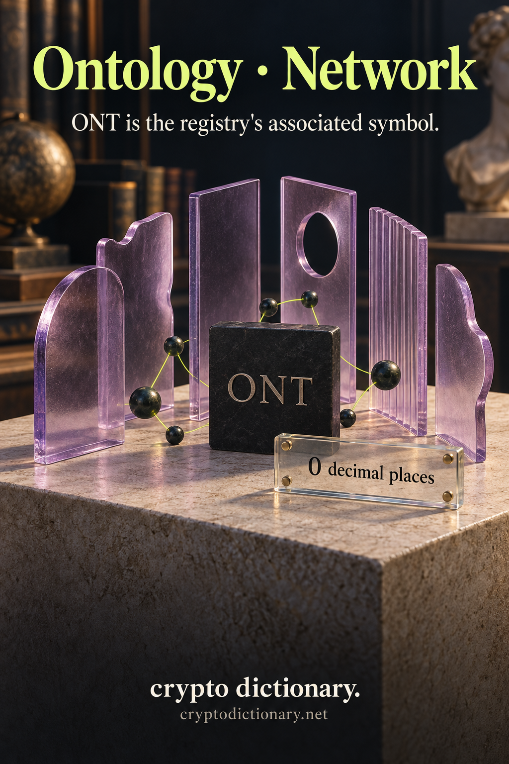 An ONT identity tile stands among fanned lilac glass catalog dividers and connected beads, with a zero-decimal precision plaque.