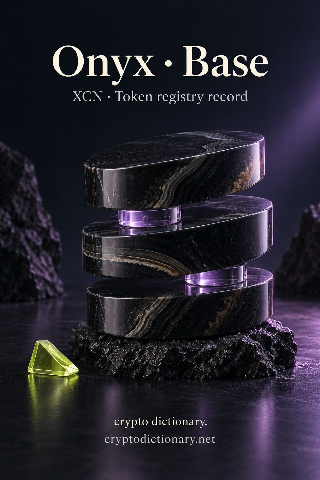 Onyx on Base illustrated by an original stack of polished dark mineral slabs with lilac glass spacers, with neutral XCN registry caption.