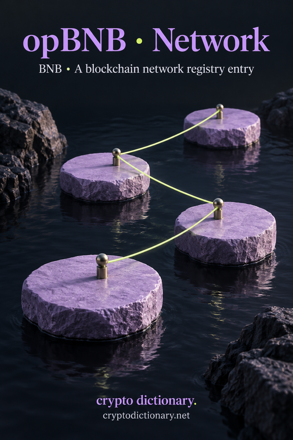 Four plain lilac stepping platforms connected by lime cord illustrate a network registry entry.
