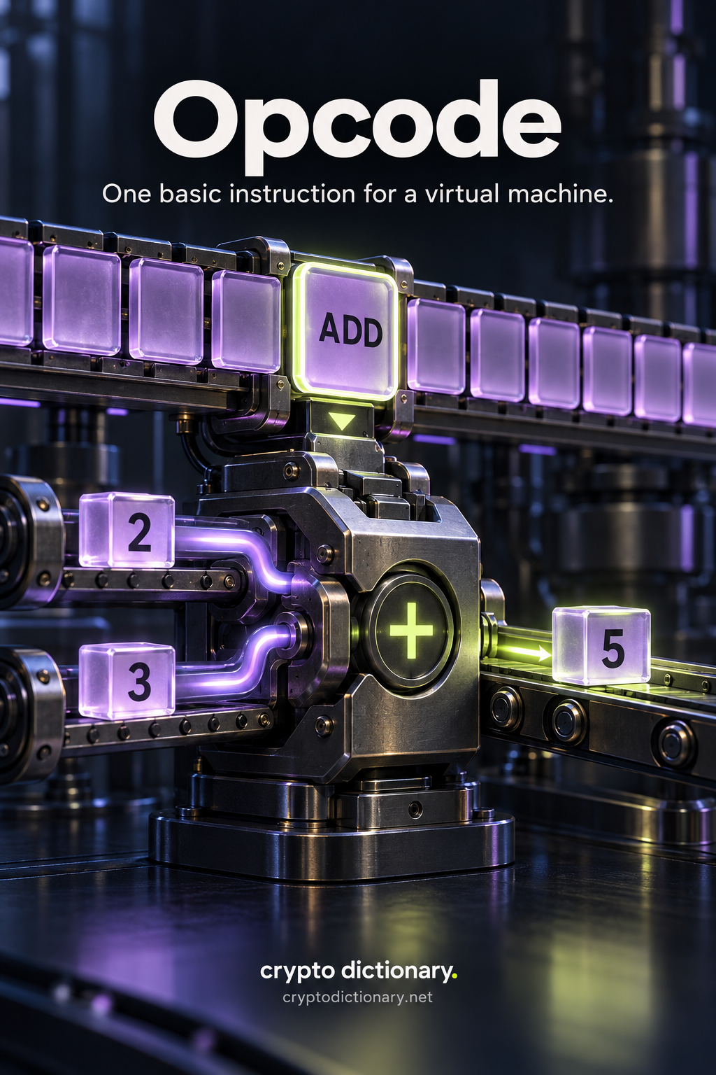 One selected ADD tile in a virtual-machine instruction sequence combines illustrative input cubes 2 and 3 into result 5.