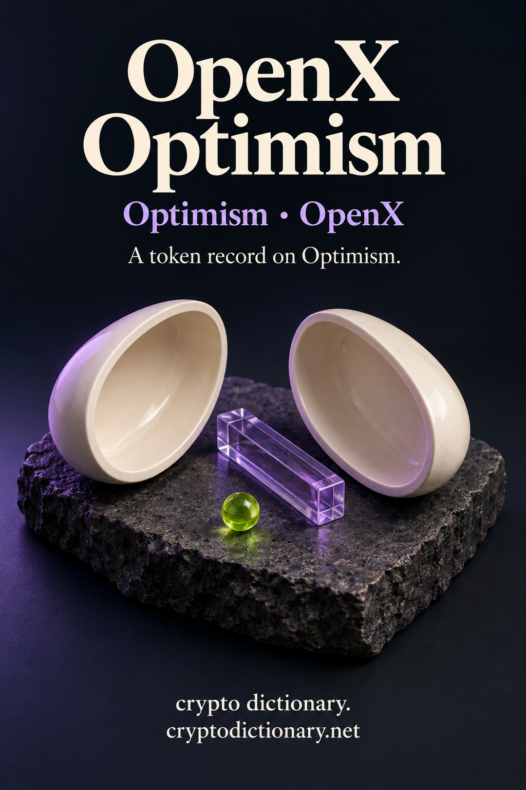 OpenX Optimism token record on Optimism, illustrated by two empty ivory ceramic oval case halves with a lilac glass bar and lime bead.