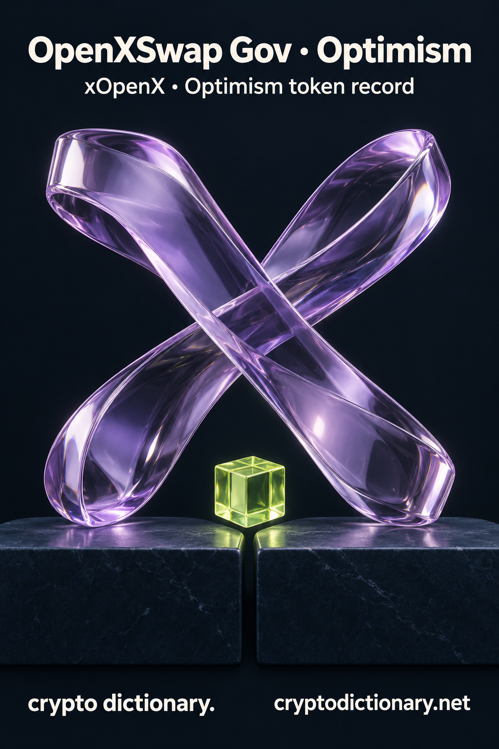 OpenXSwap Gov · Optimism — original lilac glass name-inspired sculpture with accurate xOpenX token record caption.