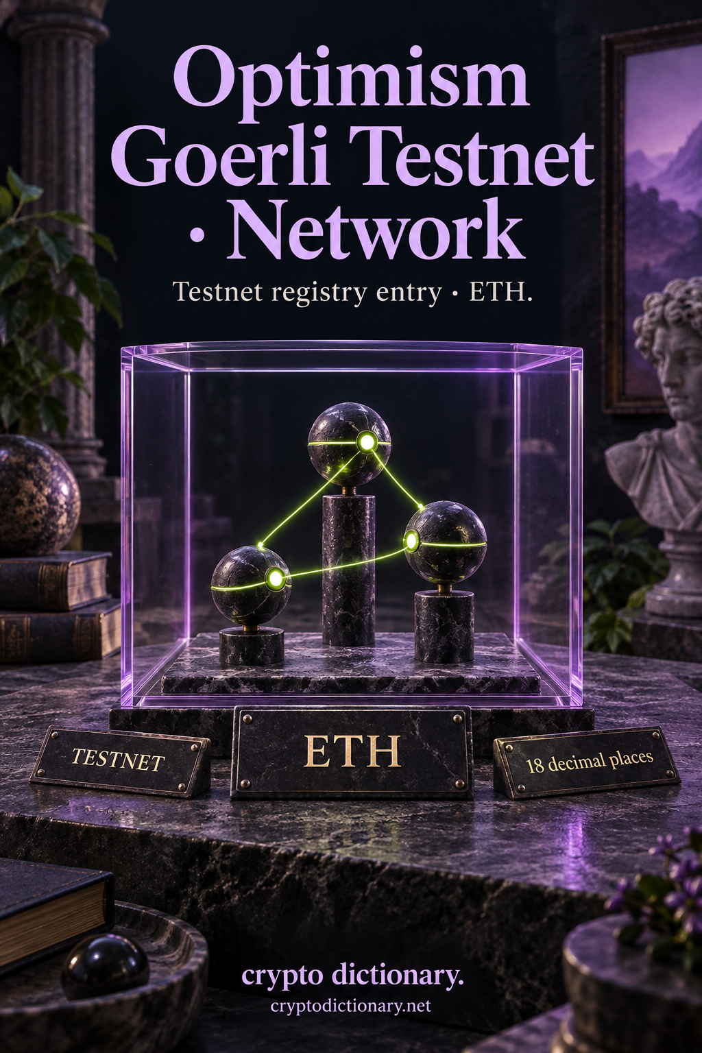 Three linked network demonstration nodes inside a lilac glass frame with testnet, ETH and eighteen-decimal registry labels.