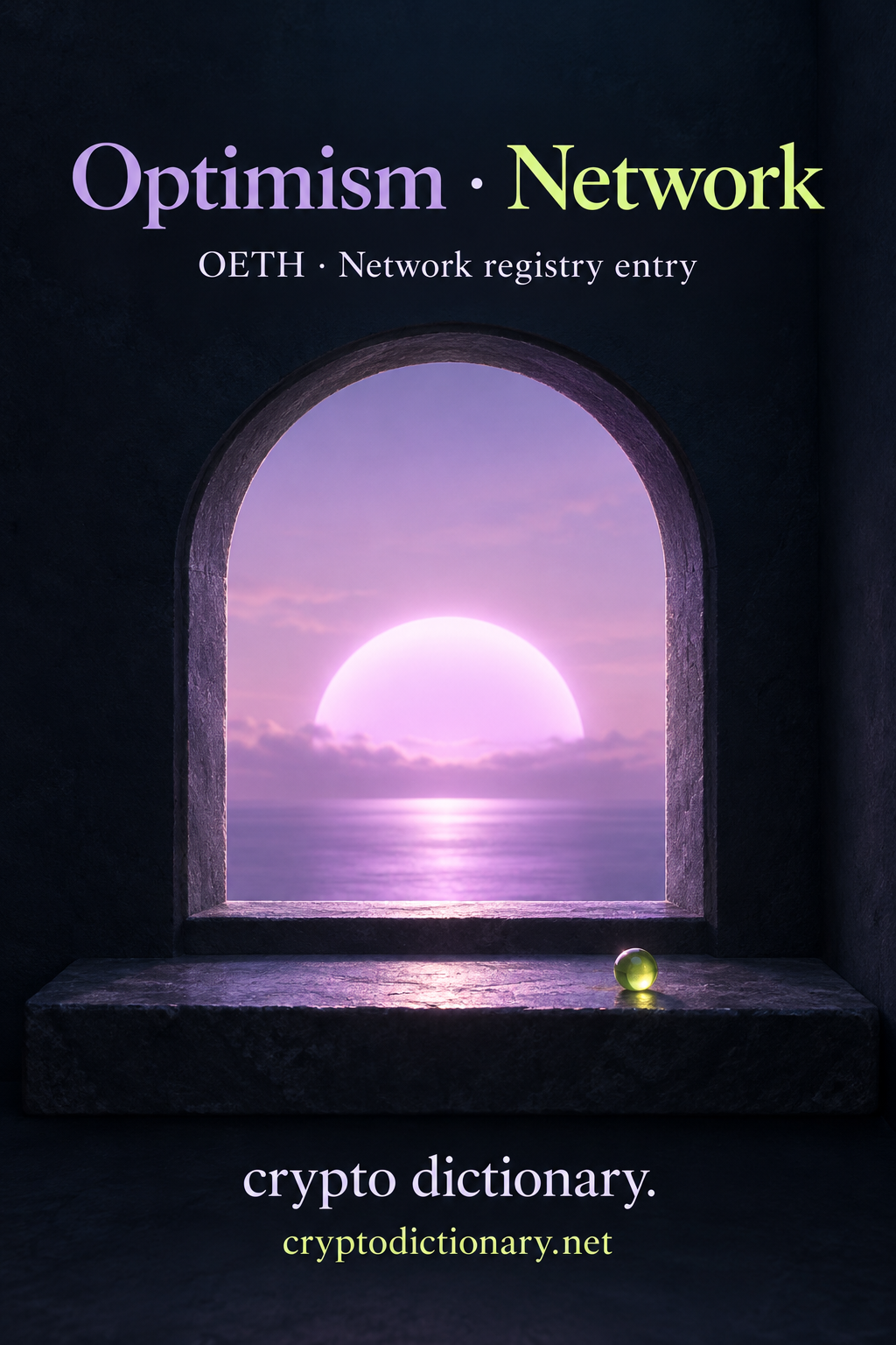 A lilac sunrise through a navy window illustrates Optimism, an OETH-associated network registry entry.