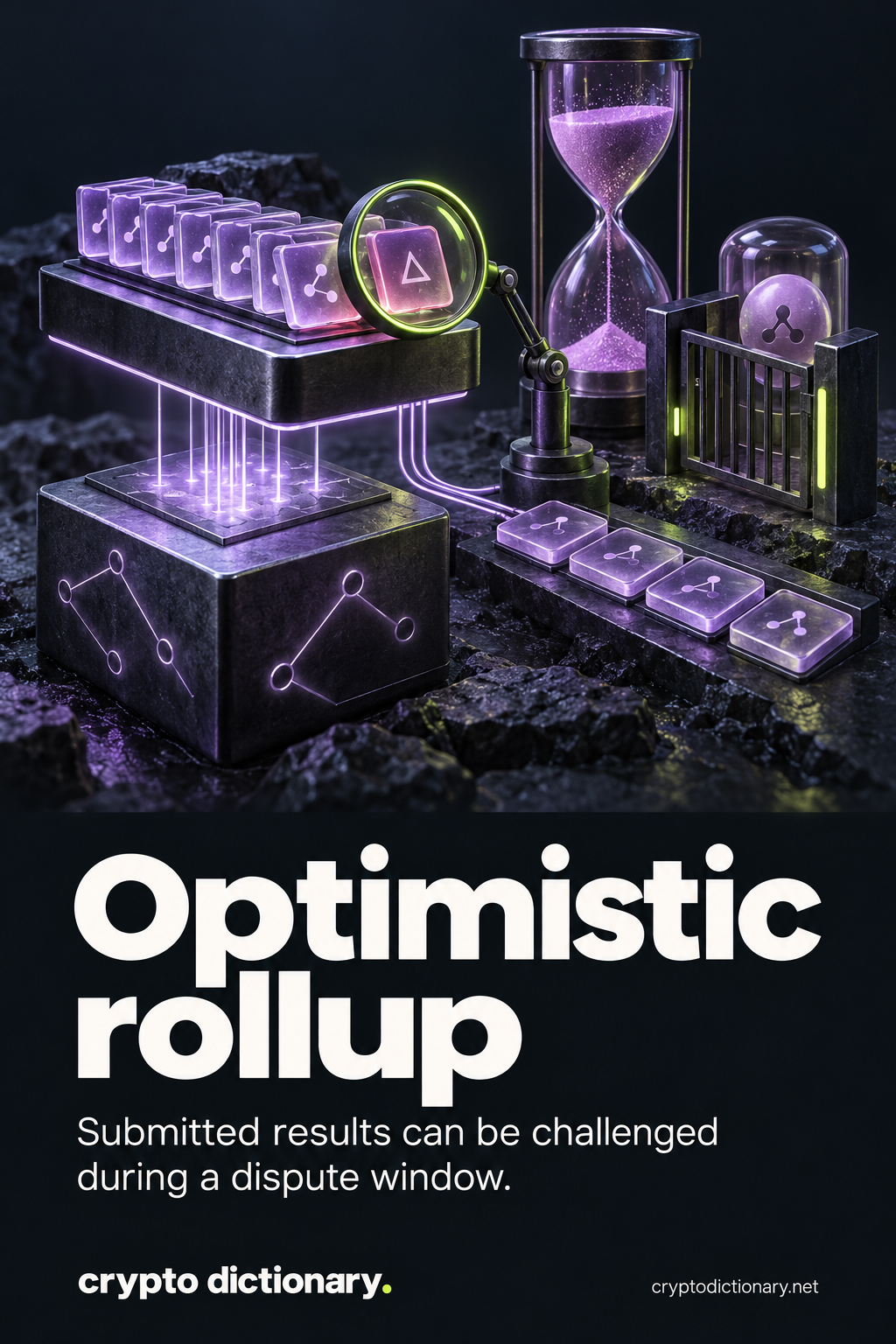 A proposed rollup batch over a base-chain block, a lime challenger lens inspecting a mismatched result, an open hourglass window and a withdrawal capsule waiting behind a gate.