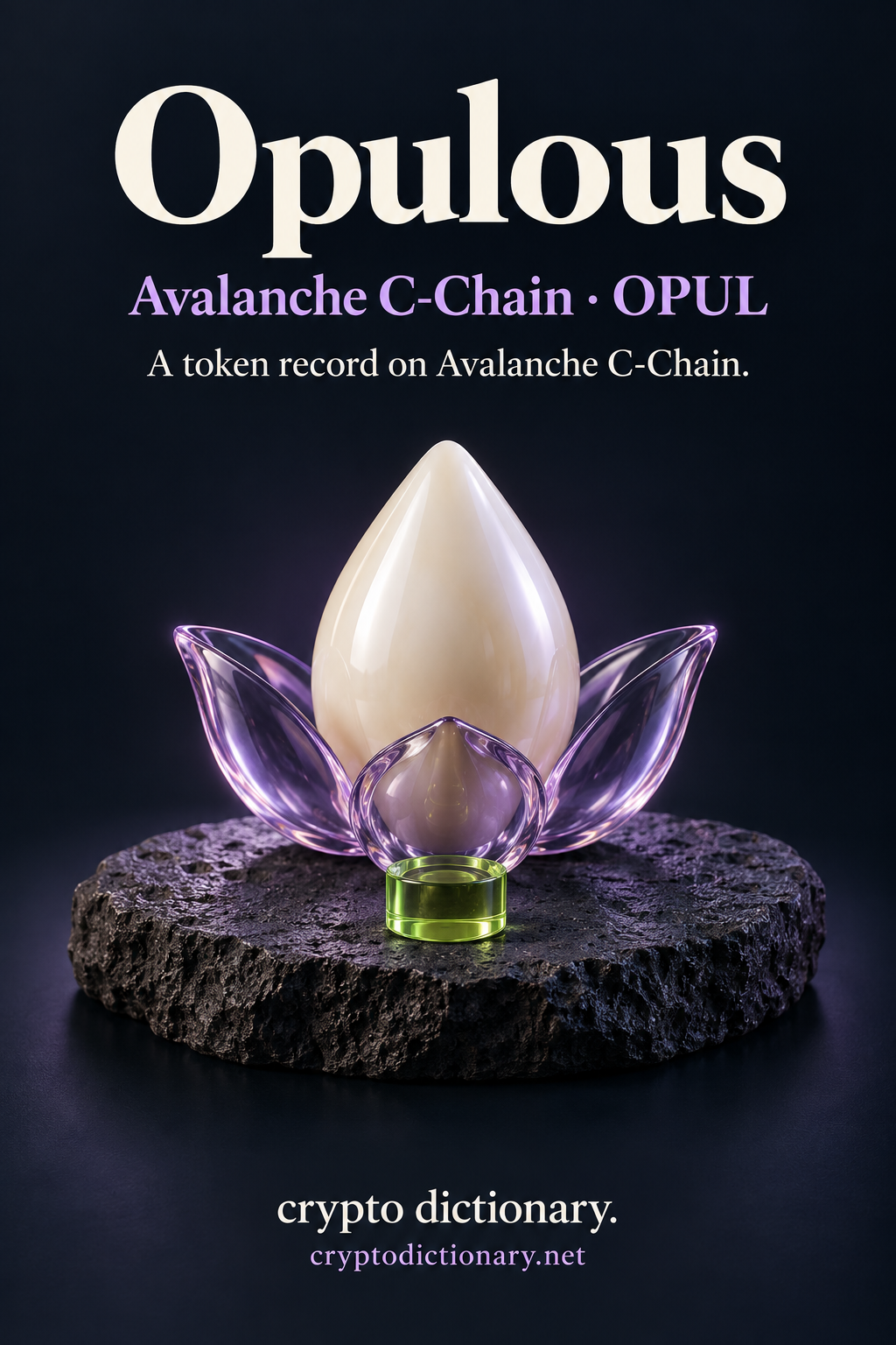 Opulous token record on Avalanche C-Chain, illustrated by a blank ivory ceramic tear-shaped pearl among three lilac glass petal display cups.