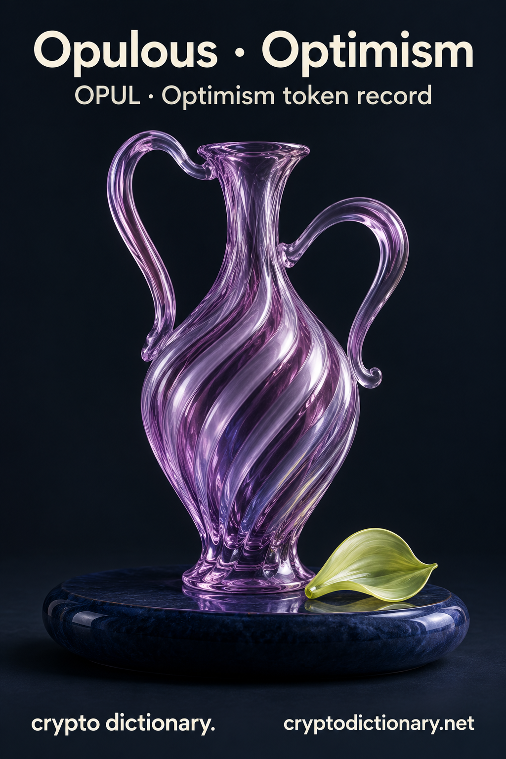 Opulous · Optimism — original lilac glass name-inspired sculpture with accurate OPUL token record caption.