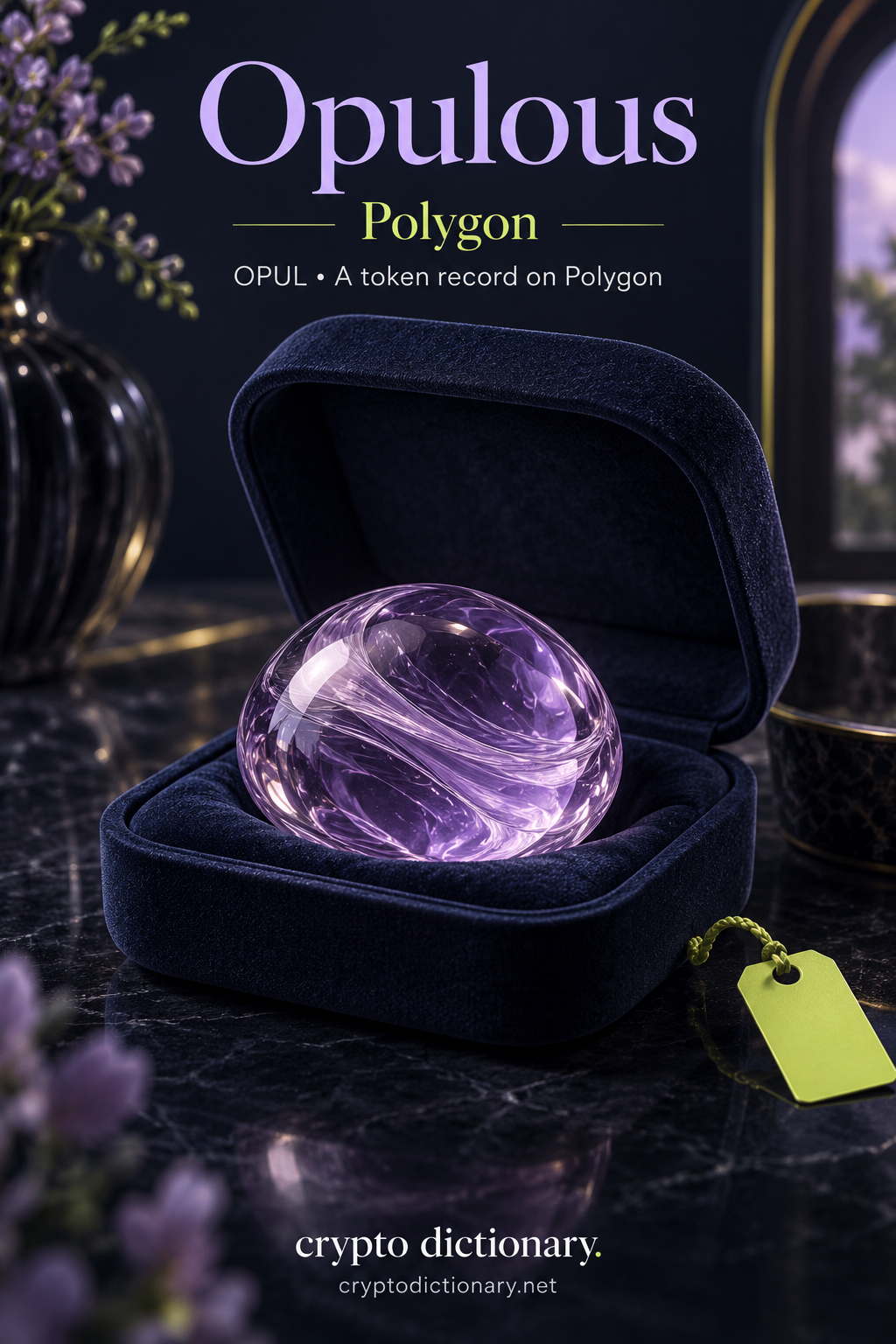 Original lilac glass gem in a navy display case for Opulous, OPUL token record on Polygon.
