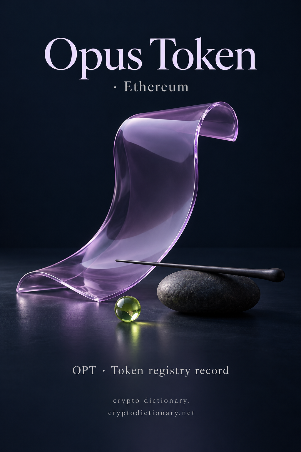 Opus Token on Ethereum: a blank lilac glass scroll beside an unmarked baton and dark oval stone, with OPT token registry caption.