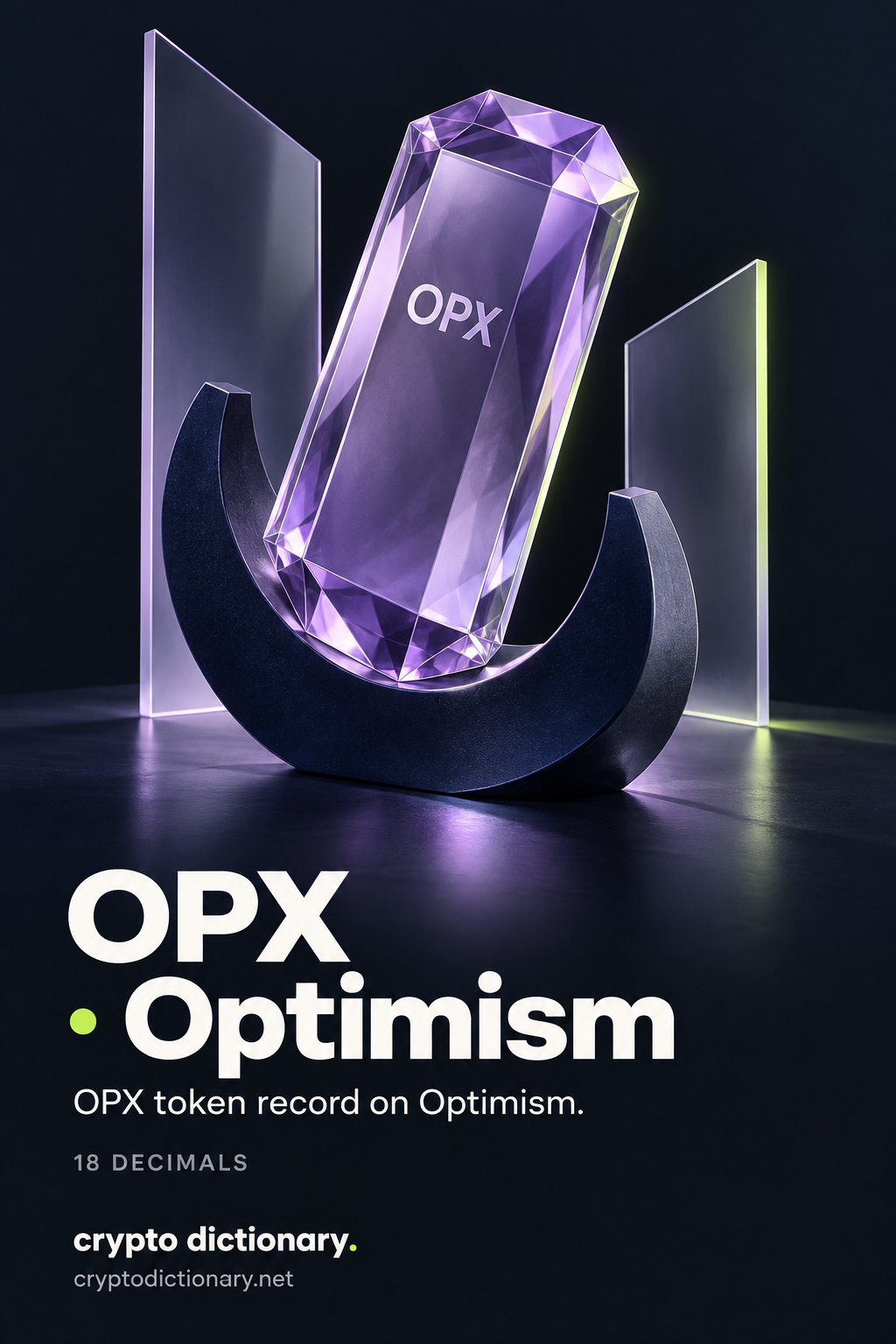 An inclined OPX lilac glass registry prism in a navy crescent cradle with blank glass fins, titled OPX · Optimism and 18 decimals.