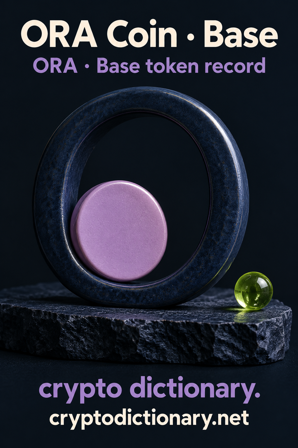 A blank lilac ceramic disc offset inside a larger navy O-shaped ring beside a lime bead, beneath ORA Coin · Base.