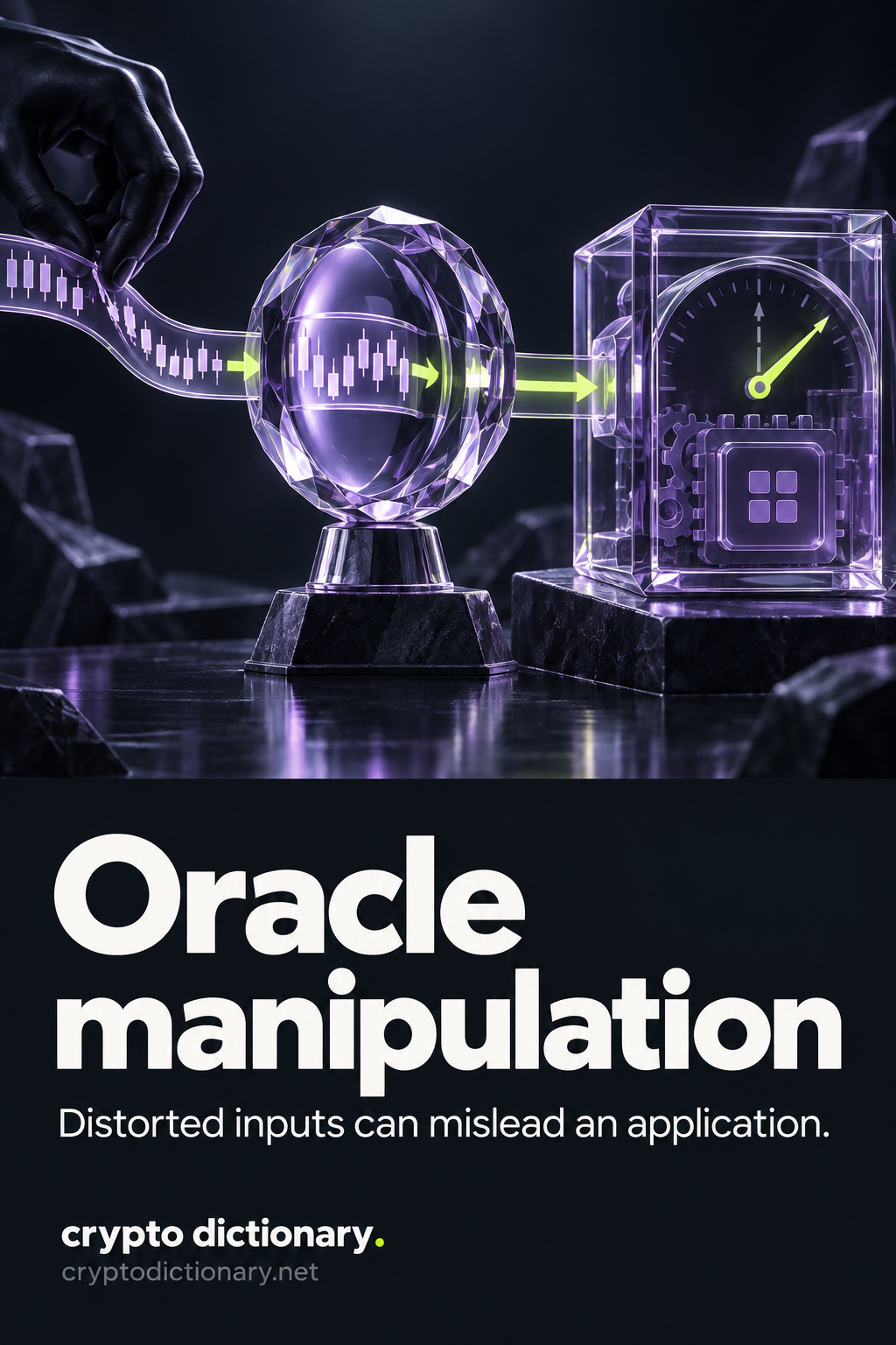 Oracle manipulation: an anonymous hand distorts an input-data rail before an oracle lens, causing an intact application gauge to depart from its reference mark.