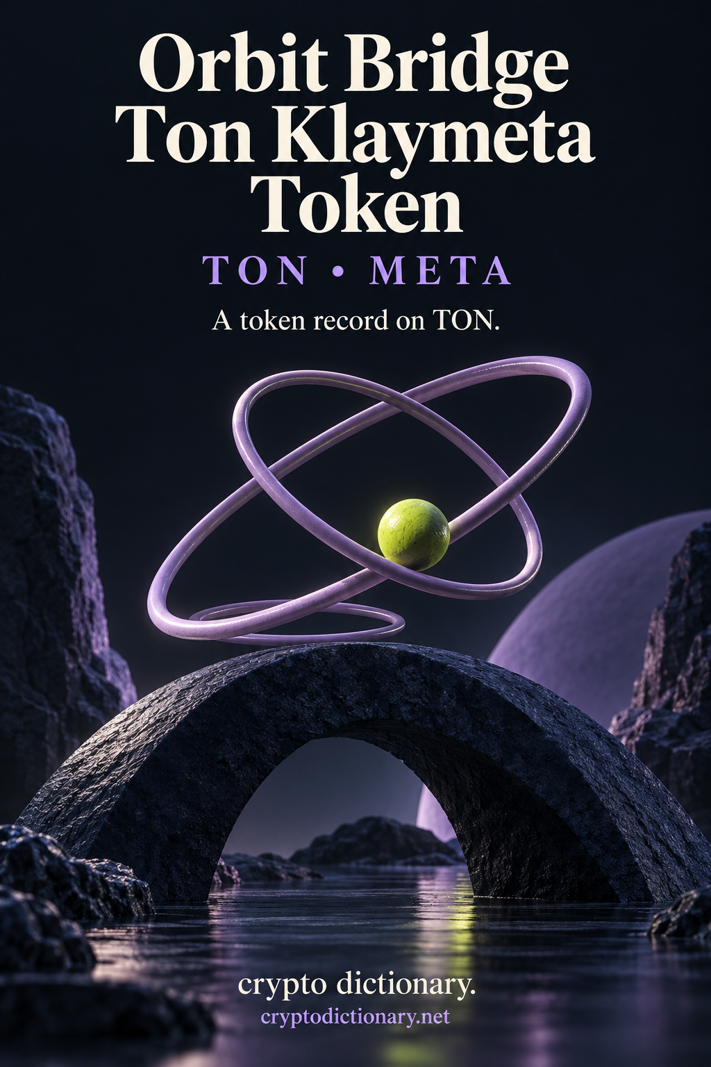 Orbit Bridge Ton Klaymeta Token registry illustration on TON, with original lilac orbital rings above a navy sculptural arch and lime sphere.