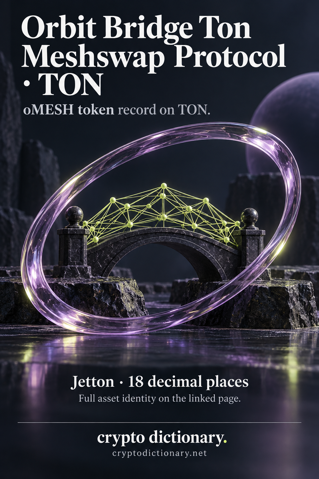 Glass orbital hoop around a miniature mesh-covered bridge illustrating the oMESH Jetton token record on TON, with 18 decimal places.