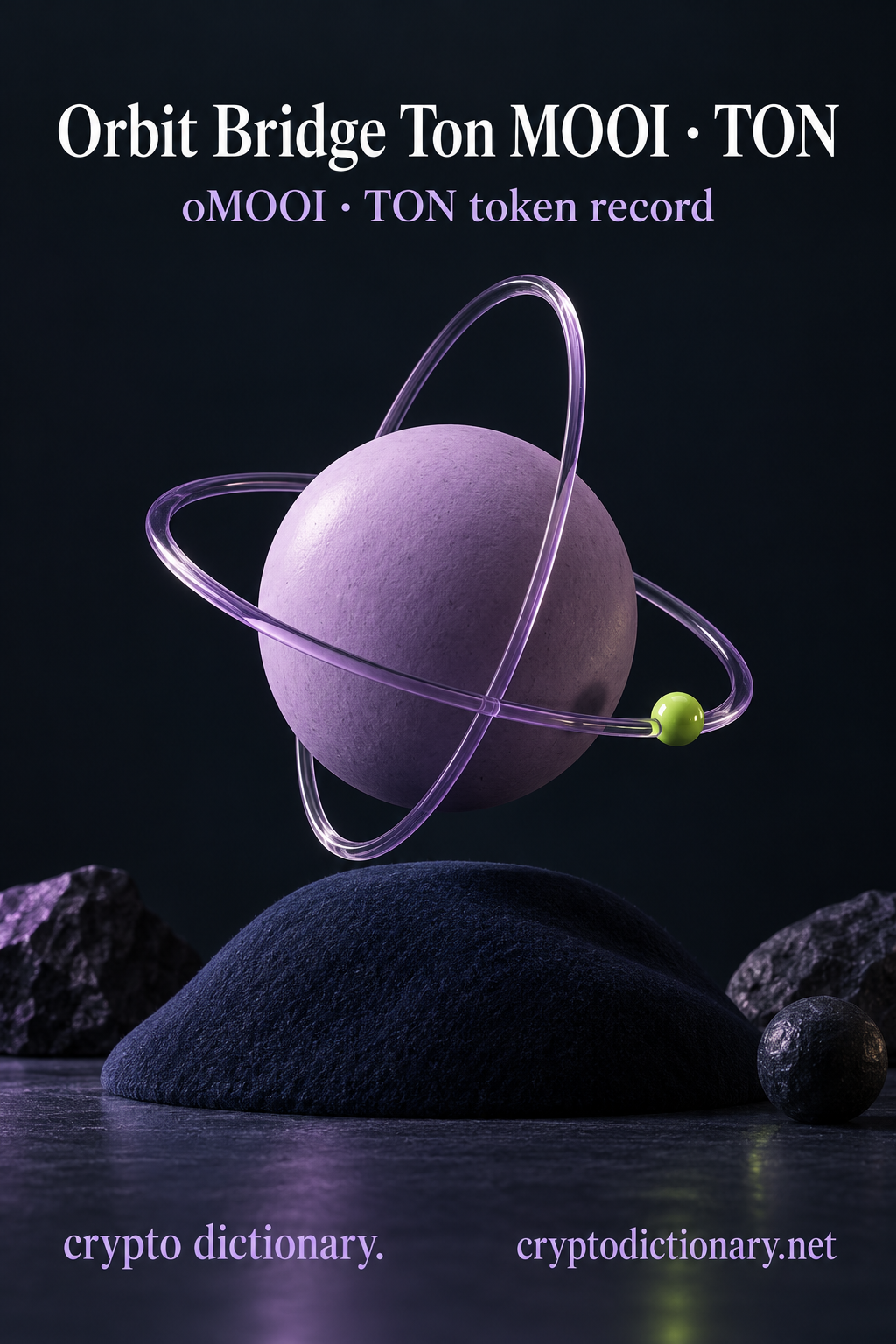 A lilac ceramic sphere surrounded by two translucent orbital rings and one lime bead is suspended over a navy mound, under Orbit Bridge Ton MOOI · TON and its oMOOI token-record caption.