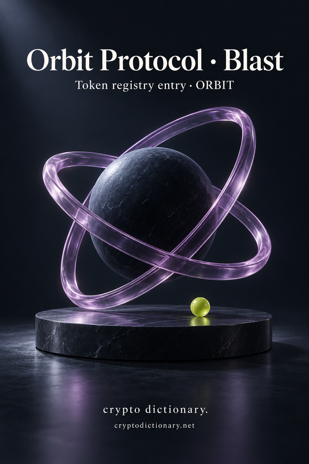 Lilac orbital rings around a navy sphere, titled Orbit Protocol · Blast.