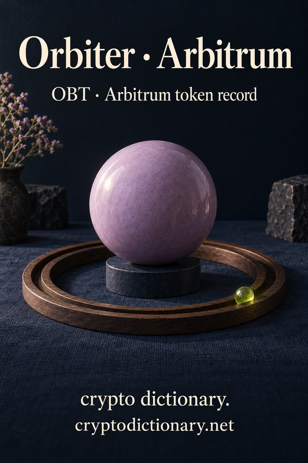 Lilac ceramic sphere and lime bead in a circular wooden groove track, illustrating the Orbiter registry name on Arbitrum.