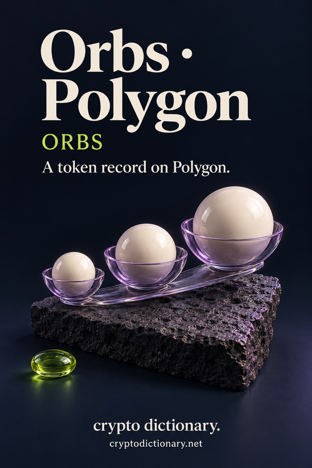 Orbs token record on Polygon, illustrated by three different-sized blank ivory ceramic spheres in a lilac glass bowl display cradle.