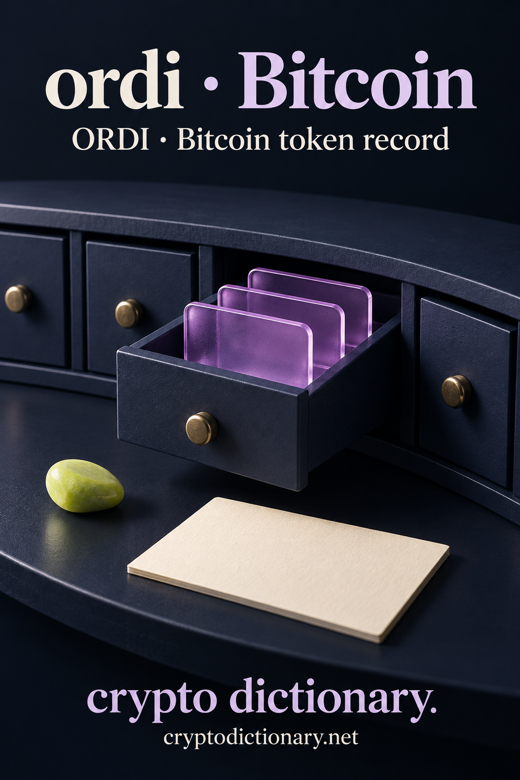ordi · Bitcoin above an orderly navy cabinet with open drawer and three blank lilac glass tabs, lime pebble and cream card.