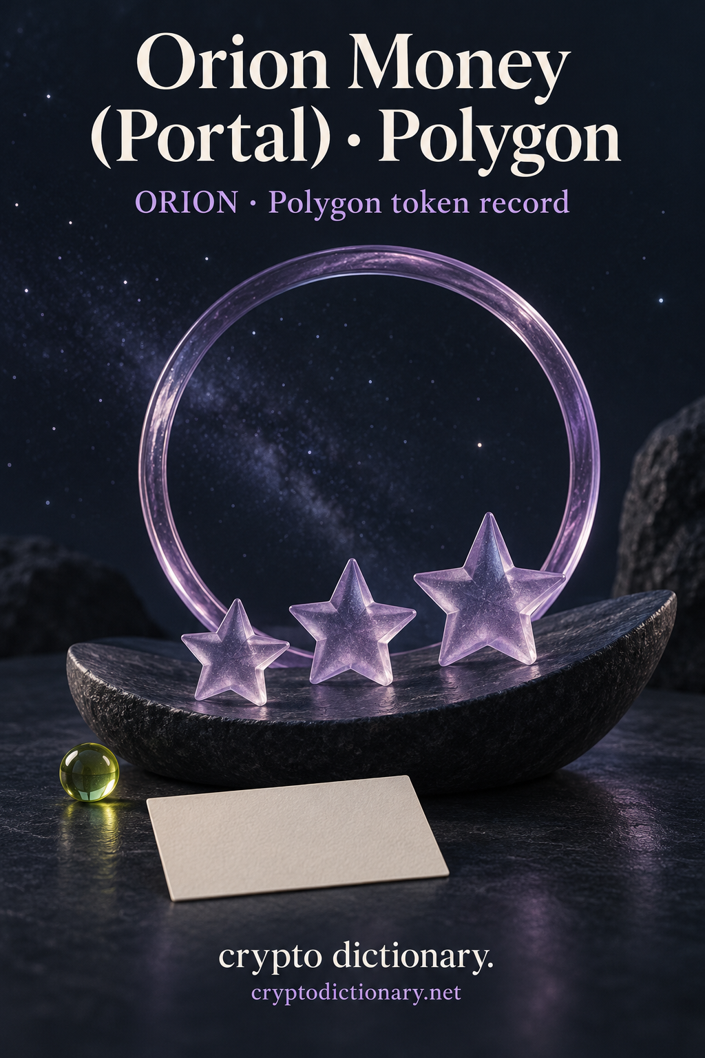 Orion Money (Portal) · Polygon above three lilac glass stars on a navy dish before an empty glass ring, starry backdrop, blank card and lime bead; ORION · Polygon token record and exact Crypto Dictionary footer.