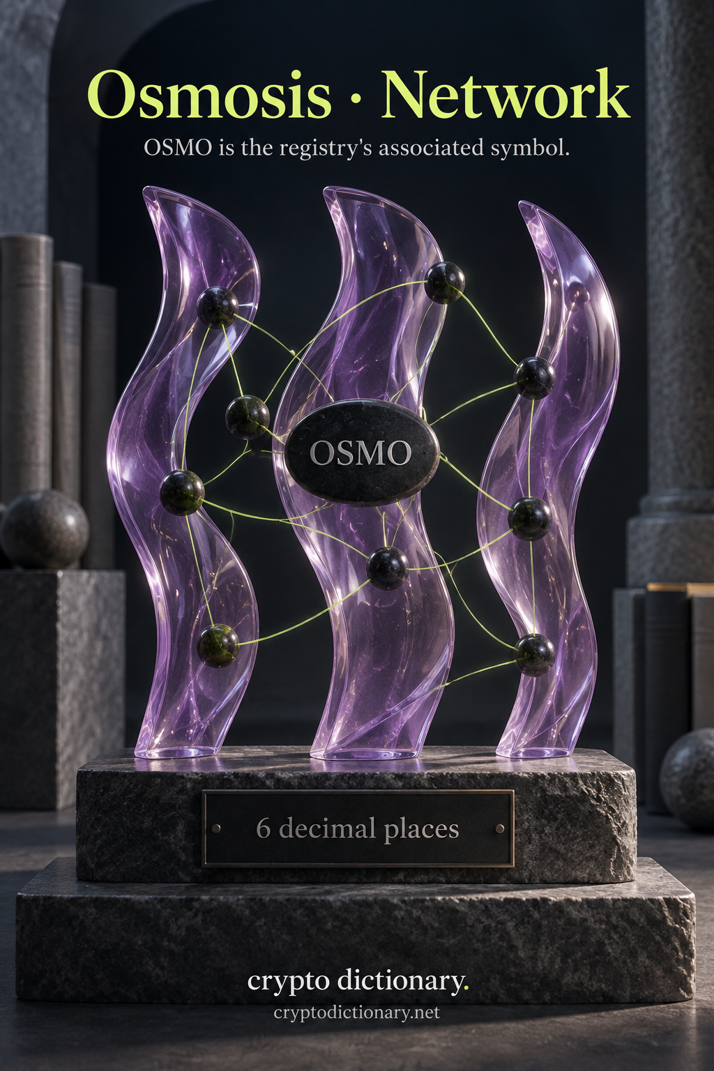 An OSMO network identity plate amid linked beads on three curved lilac glass panels, with a six-decimal precision plaque.