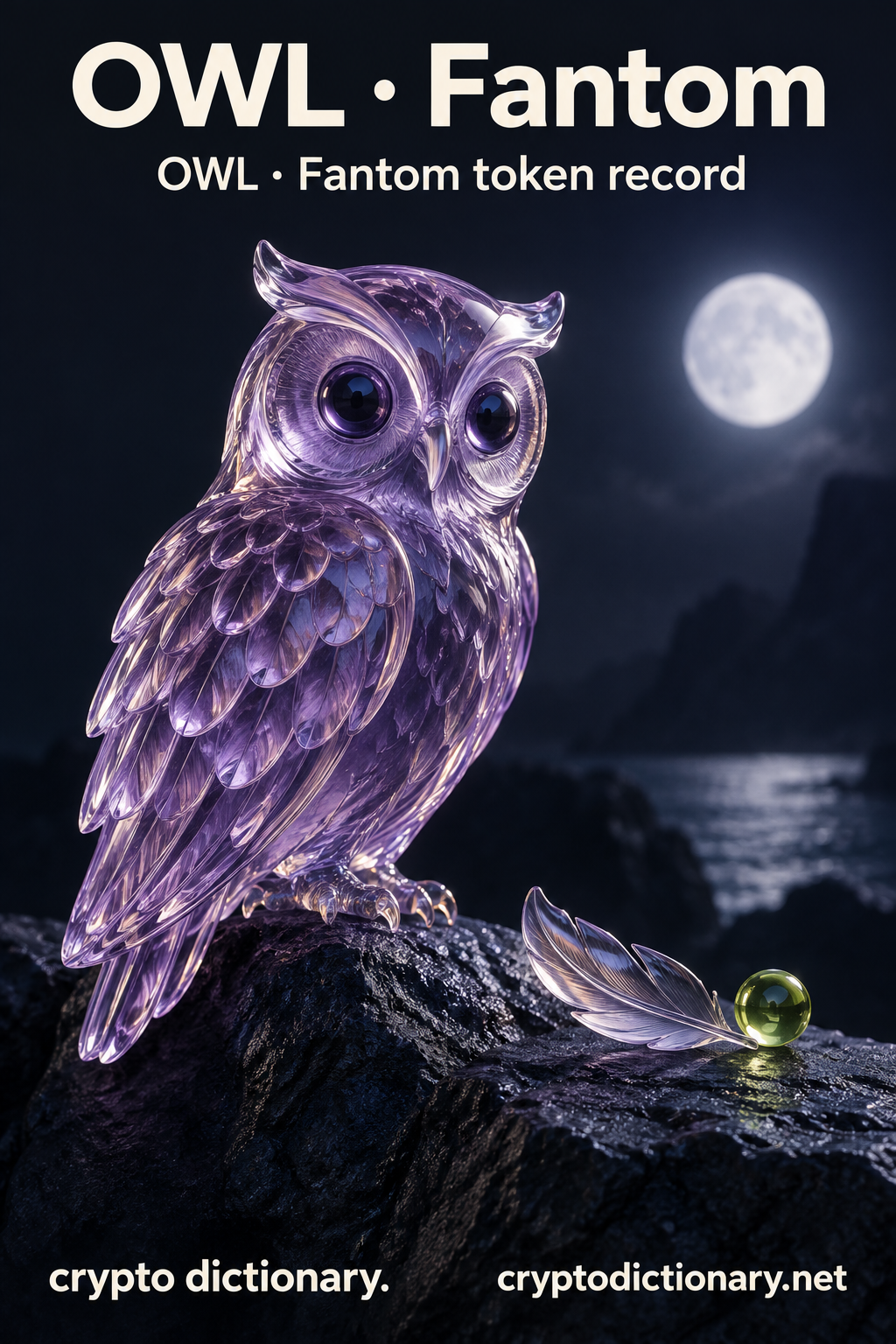 OWL · Fantom — original lilac glass name-inspired sculpture with accurate token record caption.