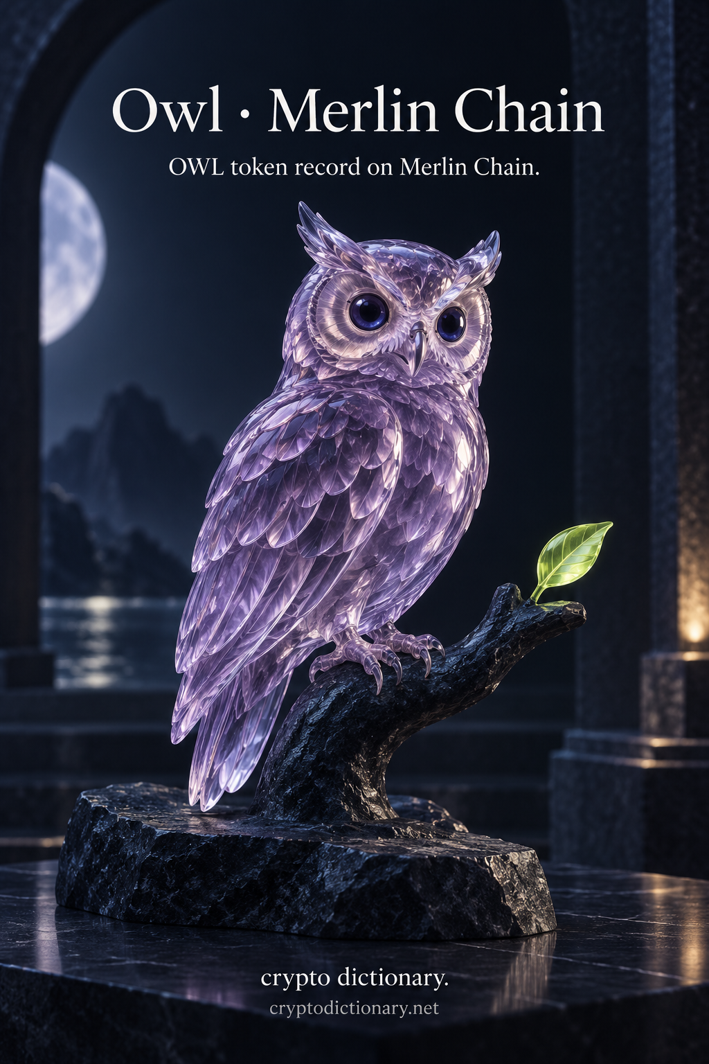 Original lilac glass owl perched on a navy stone branch with lime leaf for Owl token record on Merlin Chain.