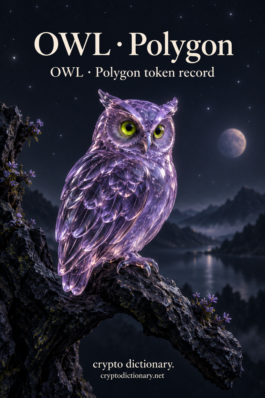 OWL · Polygon — original lilac glass name-inspired sculpture with accurate OWL token record caption.