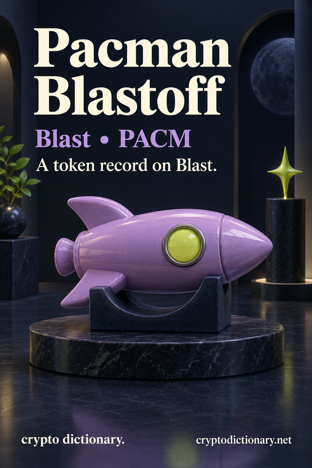 Pacman Blastoff registry illustration on Blast showing an original lilac ceramic rounded rocket ornament resting on a navy display cradle with a lime porthole.