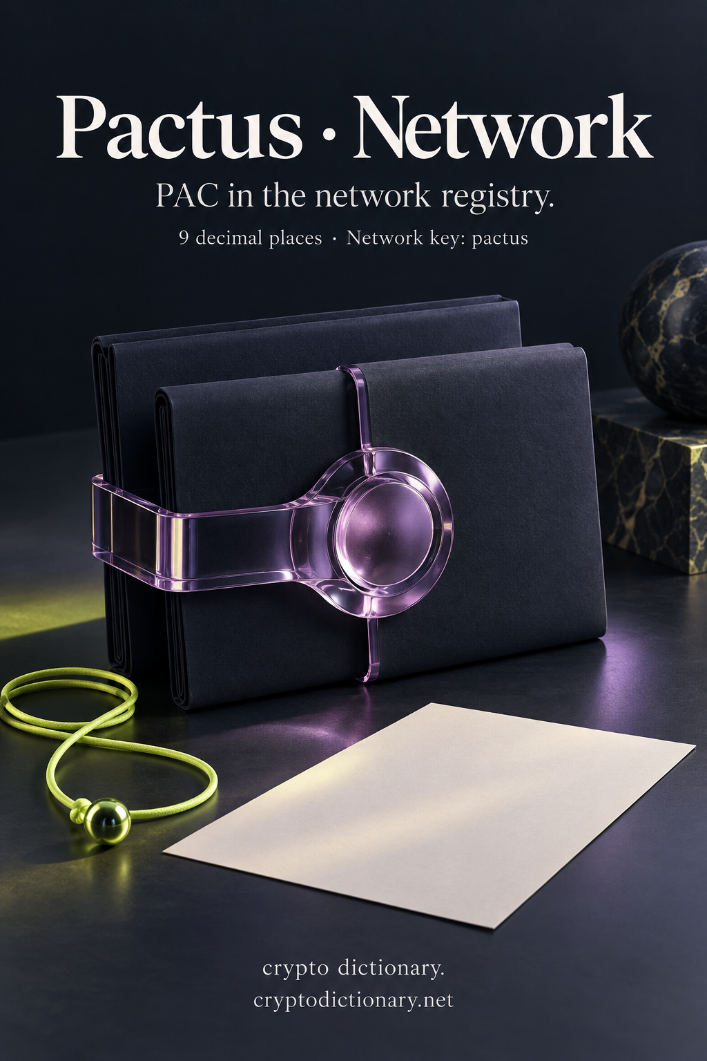 Two plain folios joined by a lilac clasp illustrate the PAC network registry record for Pactus.