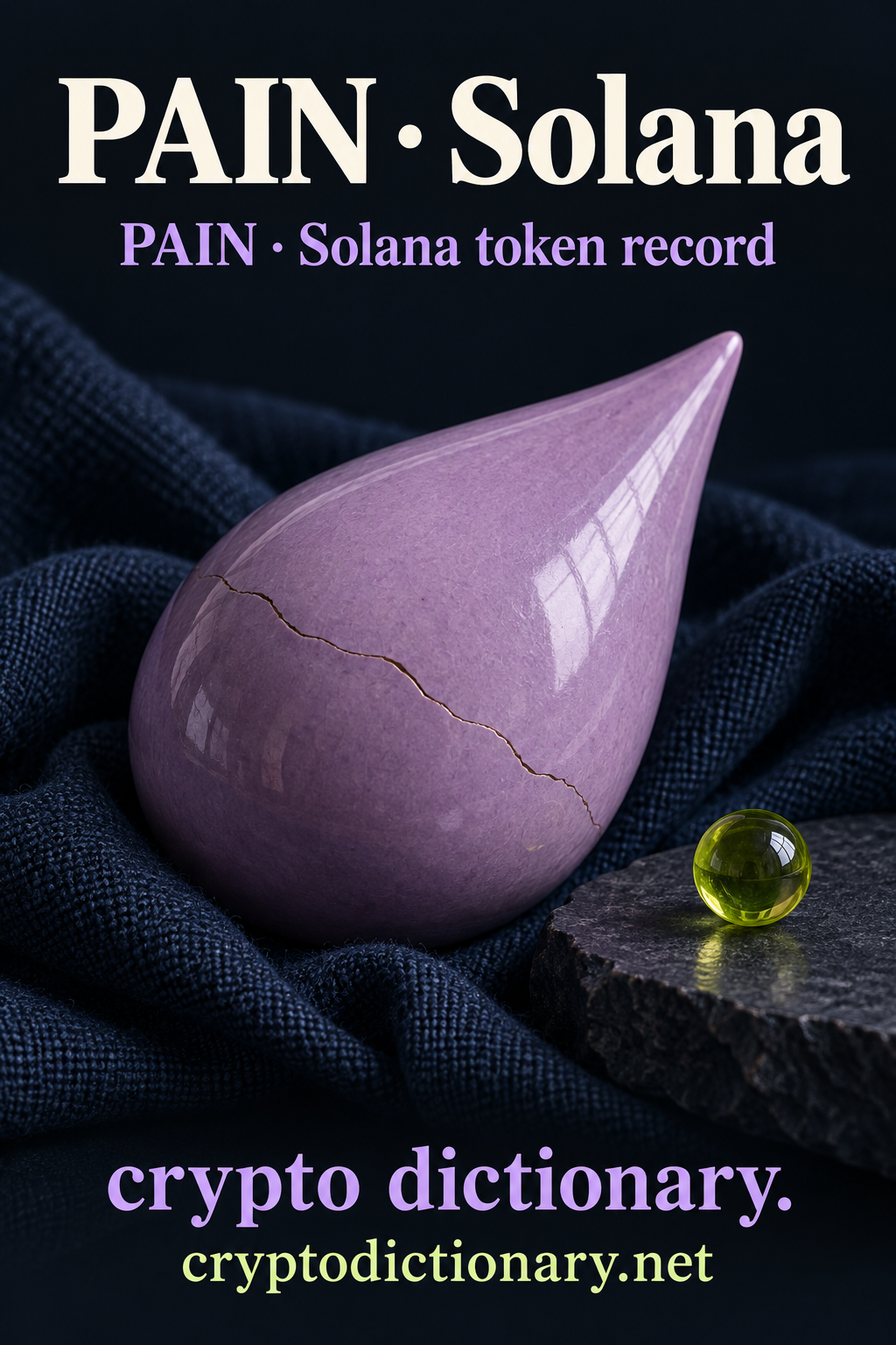 A cracked lilac ceramic teardrop on navy woven cloth beside a lime glass bead, under PAIN · Solana.