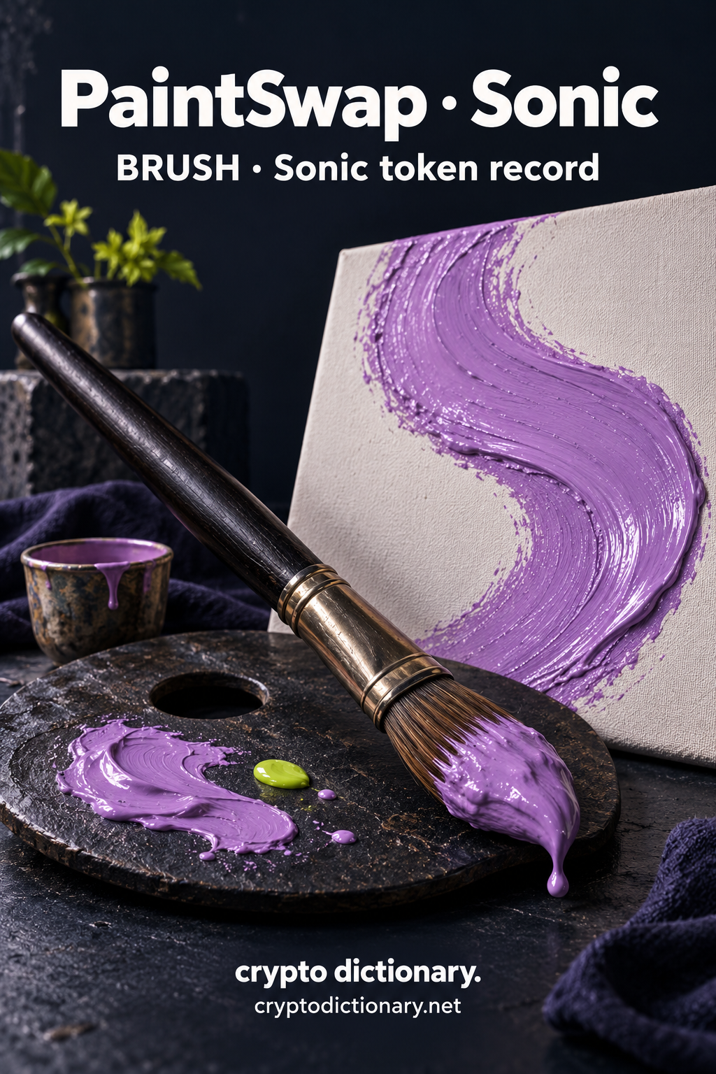 Plain artist paintbrush with lilac paint, blank canvas with a curling paint stroke, dark palette and lime dab; PaintSwap · Sonic registry artwork.