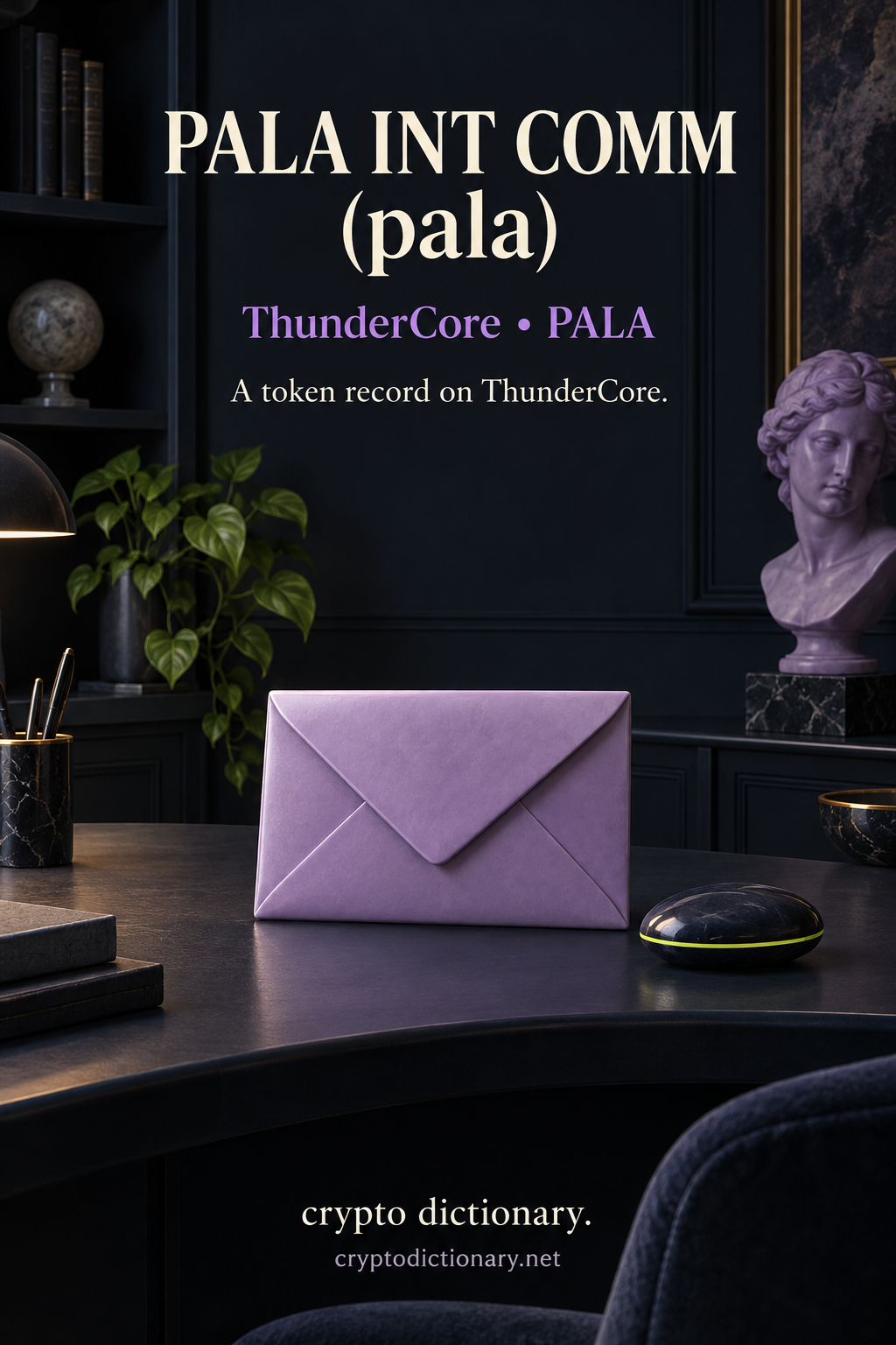 PALA INT COMM pala registry illustration on ThunderCore with an original lilac folded ceramic envelope on a navy desk and a lime-edged blank paperweight.