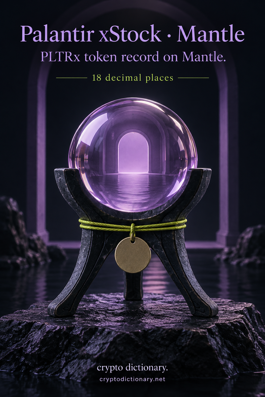 Palantir xStock on Mantle registry art with a lilac seeing-stone sphere in a navy cradle.