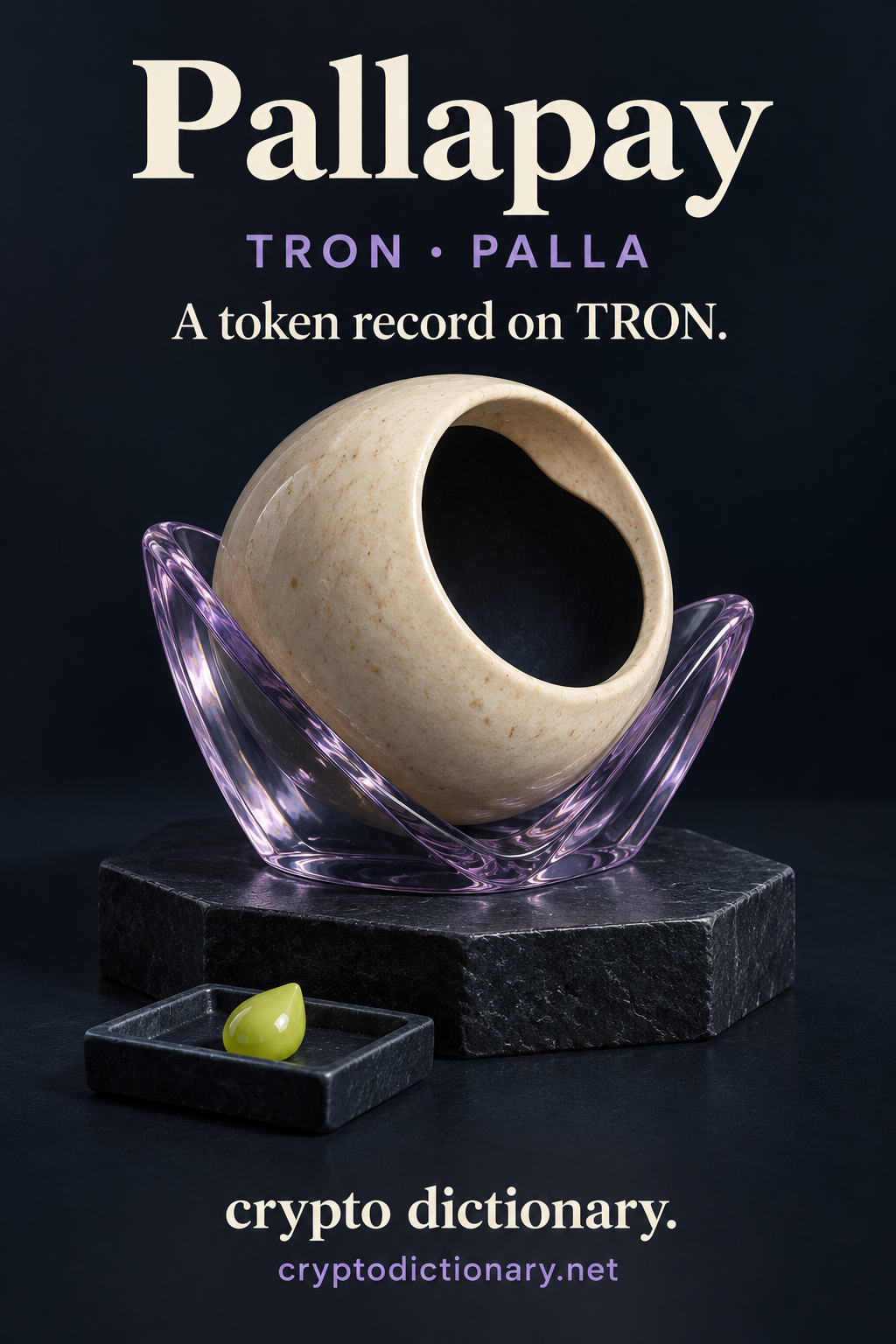 Pallapay token record on TRON: a blank hollow ivory ceramic sphere in a lilac glass saddle on navy basalt with a lime teardrop locator.