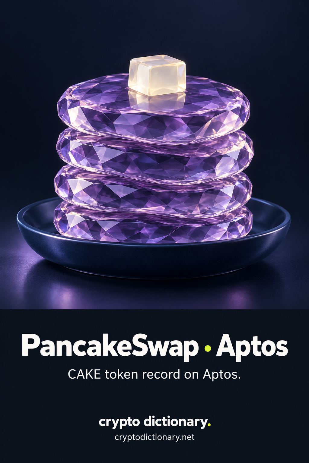 Four lilac faceted glass pancake discs stacked on a blank navy dish with a milky glass cube, with PancakeSwap · Aptos and CAKE token record caption.