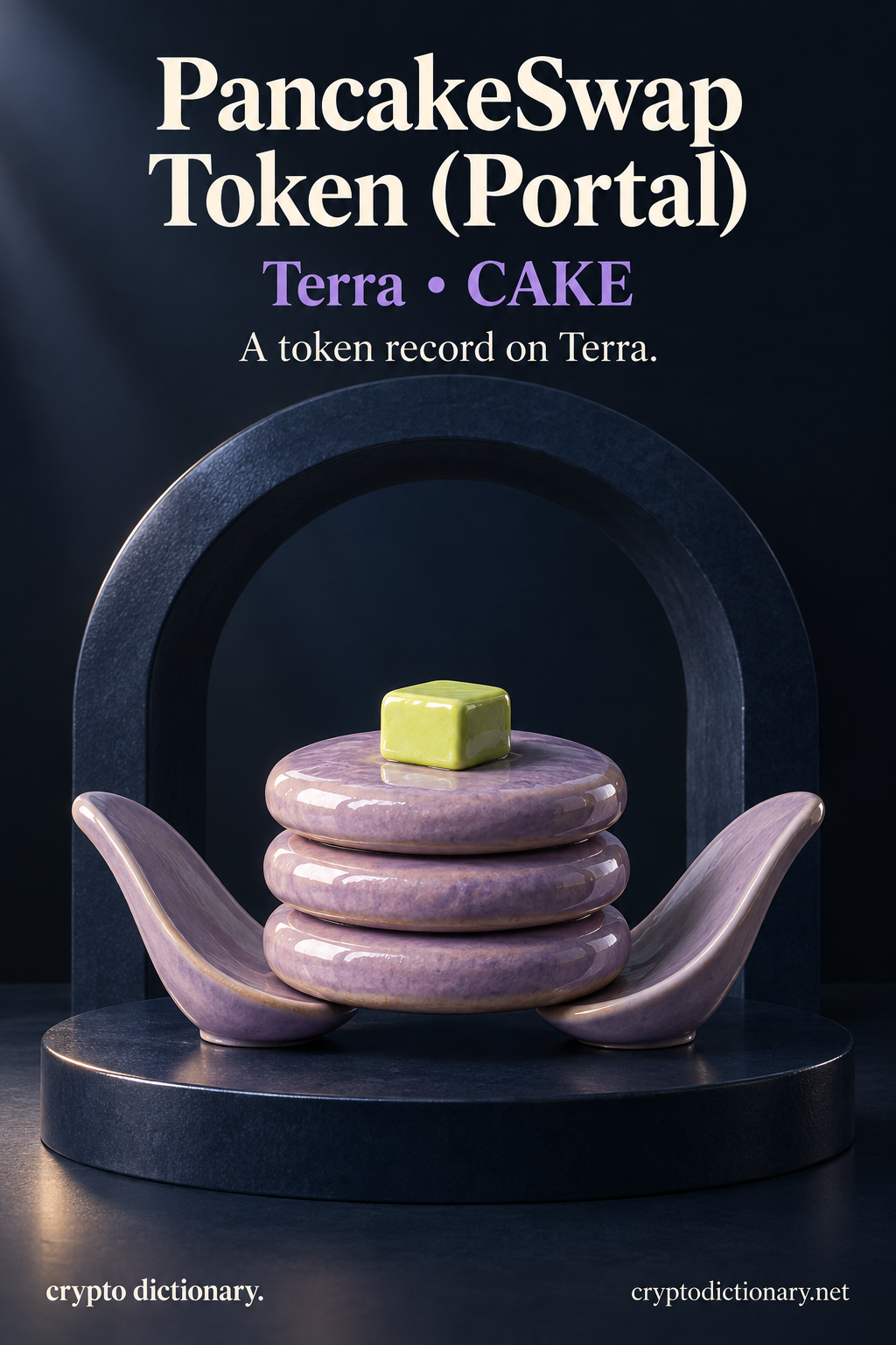 A lilac ceramic pancake stack with a lime butter-shaped cube sits between two serving paddles inside a navy display arch, beside the PancakeSwap Token Portal Terra identity.