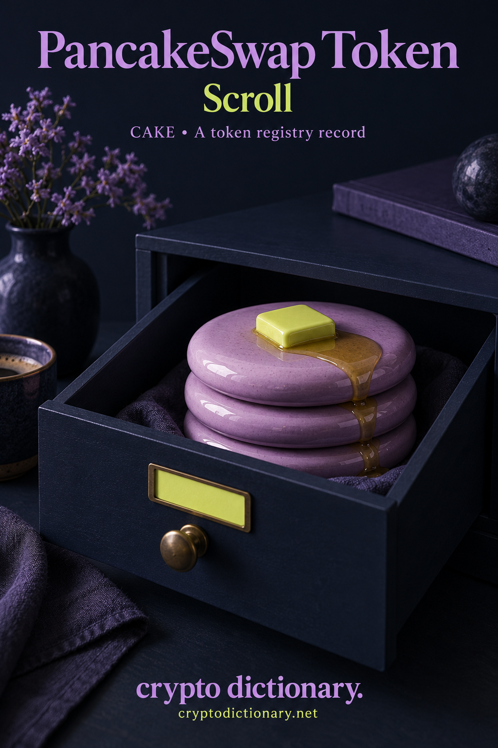 Lilac ceramic pancake stack in navy archive drawer for PancakeSwap Token, CAKE registry record on Scroll.