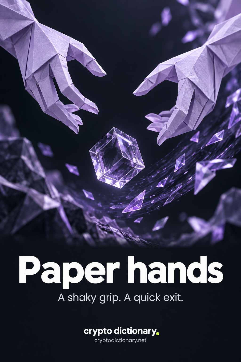 Paper hands: Folded lilac paper hands release a neutral glass block in turbulence; humorous slang without suggesting selling is always wrong. Text: A shaky grip. A quick exit.