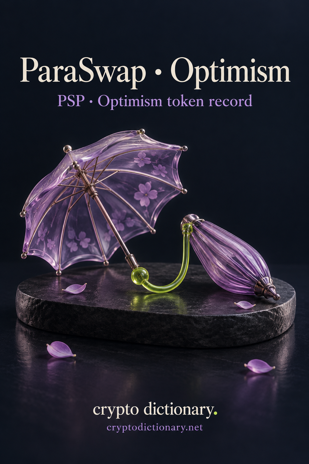 ParaSwap · Optimism — original lilac glass name-inspired sculpture with accurate PSP token record caption.