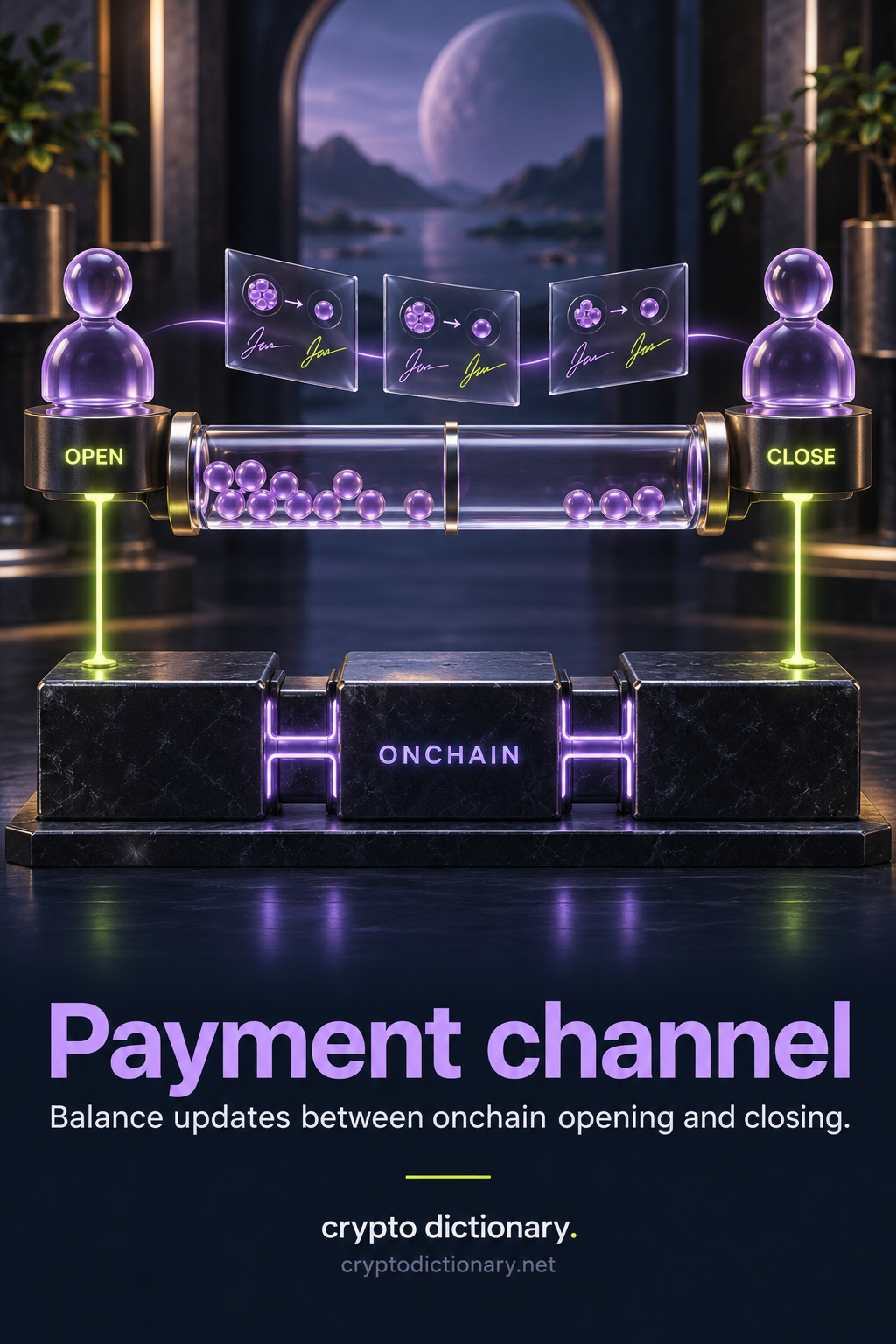 Unequal participant balances in one glass channel, with paired-signature update cards above and opening/closing links to an onchain block base.