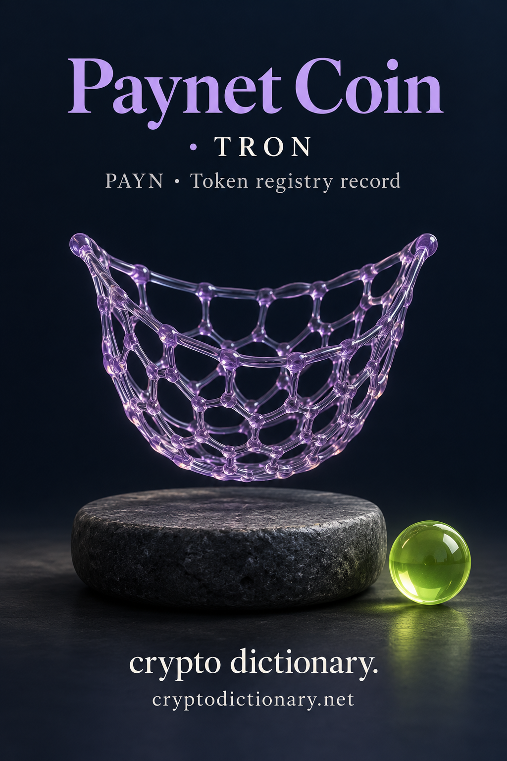 Paynet Coin on TRON: a loose lilac glass mesh basket above an unmarked round stone, with separate lime sphere and PAYN registry caption.