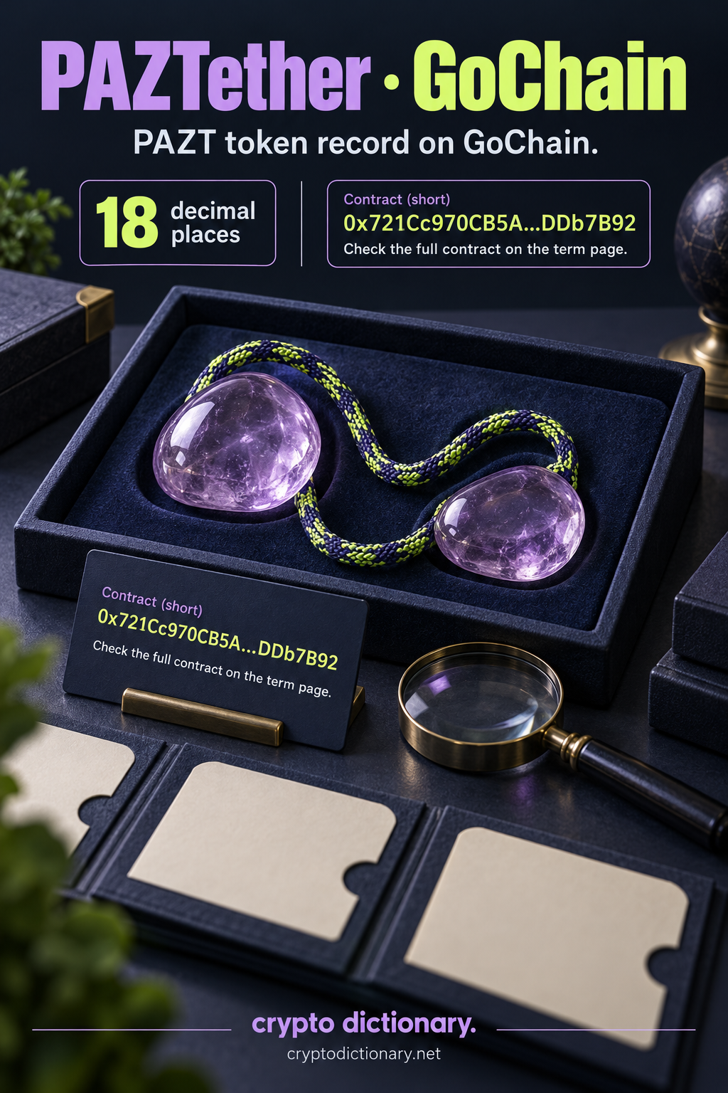 PAZTether registry illustration: two lilac glass samples joined by a slack lime rope, a blank archive folder and a public contract tag identify the PAZT token record on GoChain.