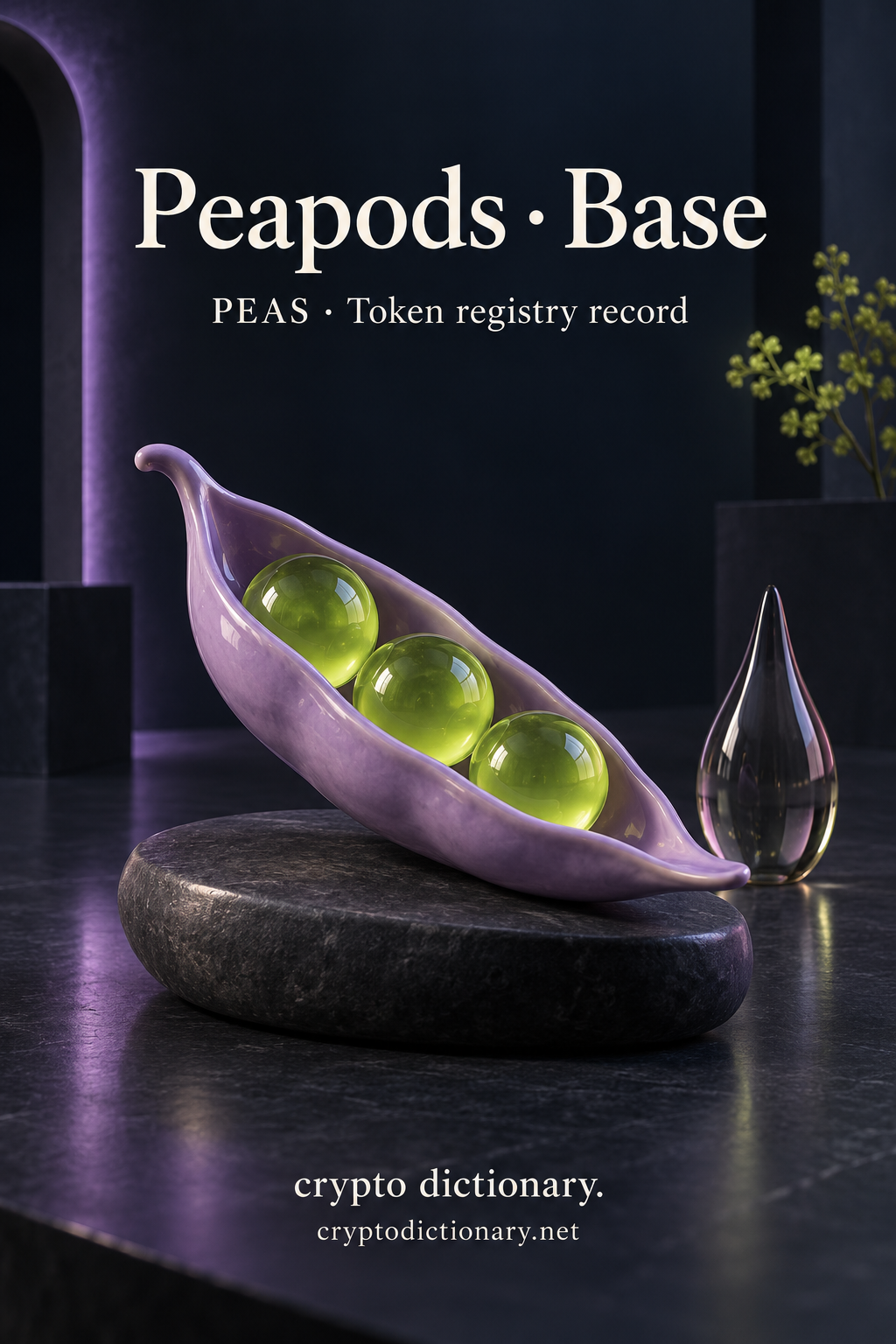 Open lilac ceramic pea pod with three lime glass peas on charcoal stone beneath Peapods · Base.