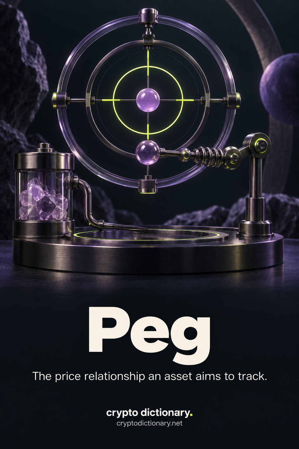 An asset-price bead sits below an intended reference target, linked by an adjustable spring and collateral mechanism.