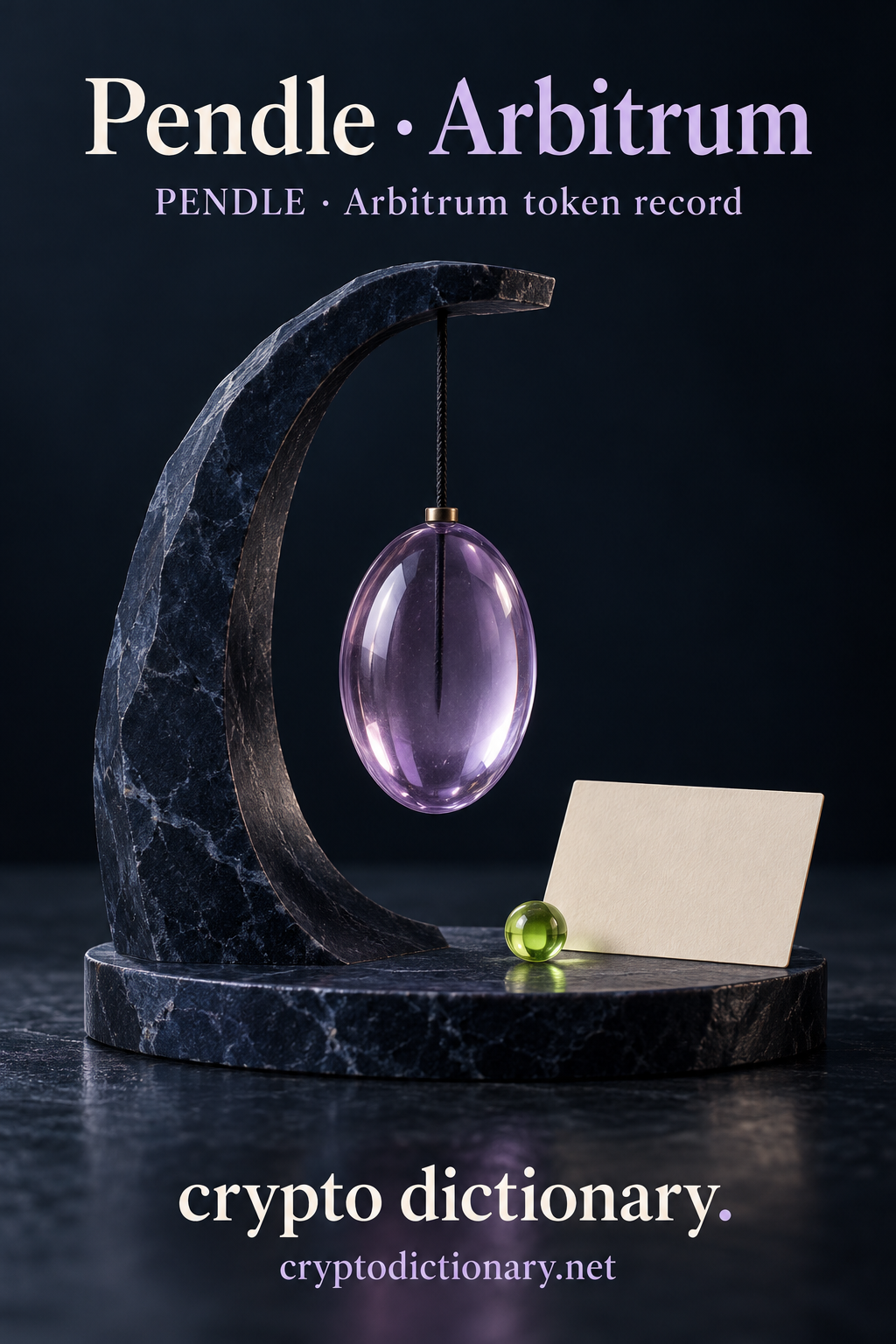 Pendle · Arbitrum above a lilac glass pendulum in a navy stone stand, blank card and lime bead.