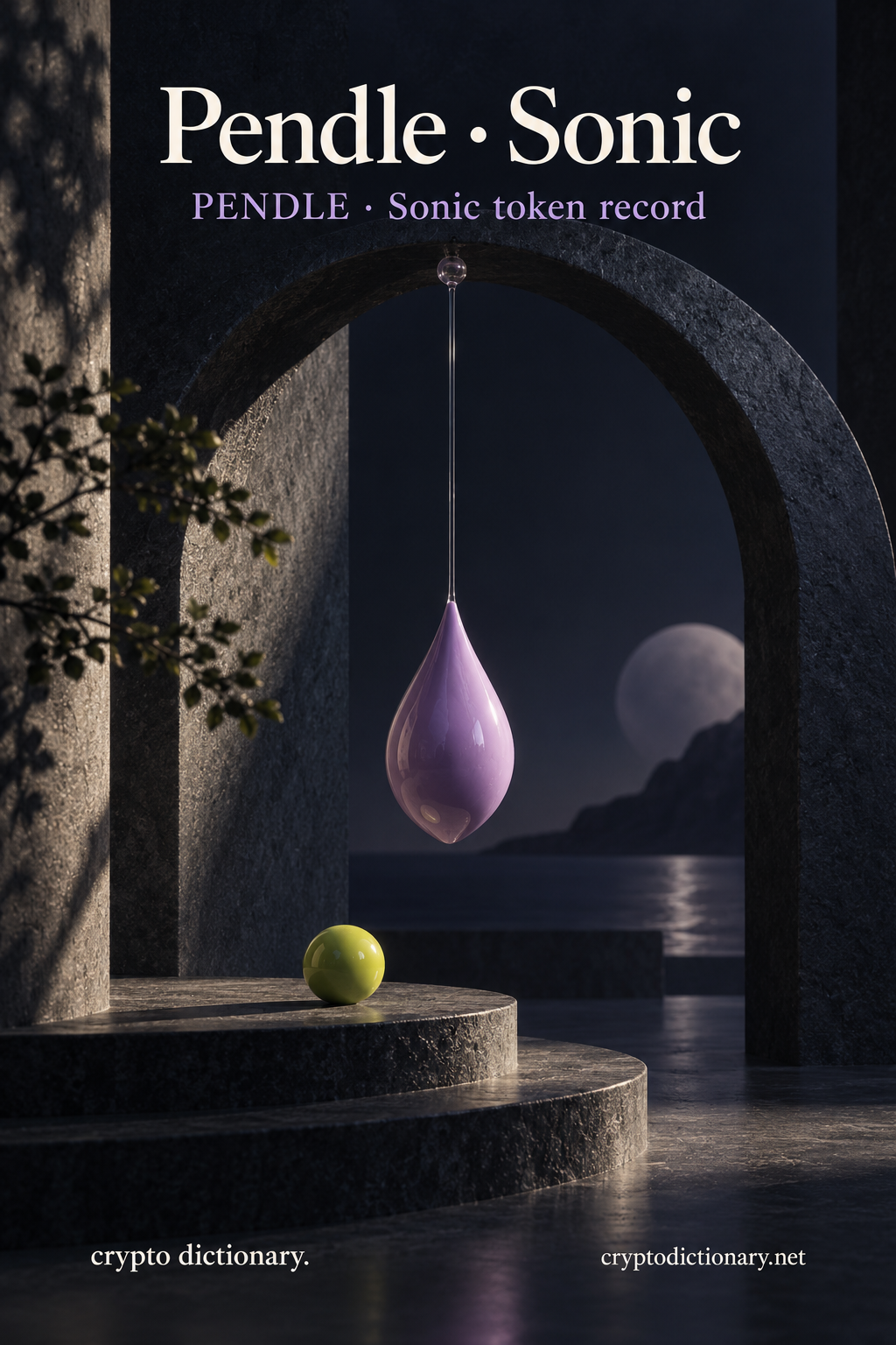 A motionless lilac ceramic pendulum teardrop hangs inside a dark stone arch over navy steps and a lime ball, below Pendle · Sonic and PENDLE token-record caption.