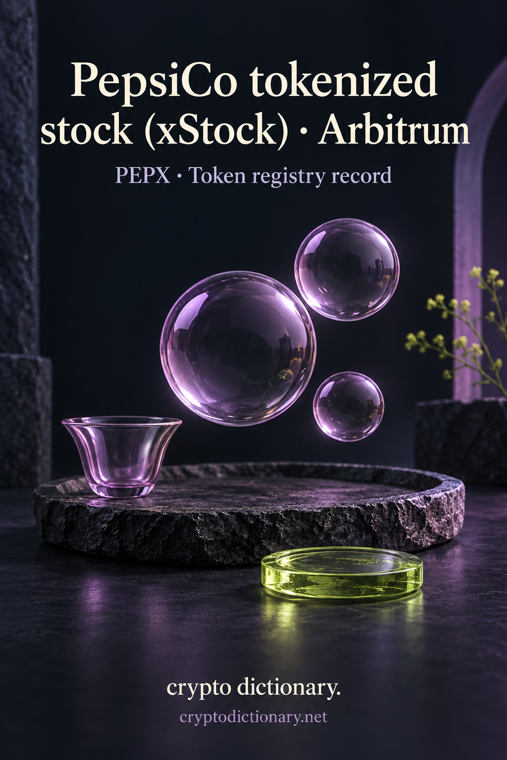 PepsiCo tokenized stock (xStock) on Arbitrum illustrated by an original lilac glass bubble still life on dark stone, with neutral PEPX registry caption.