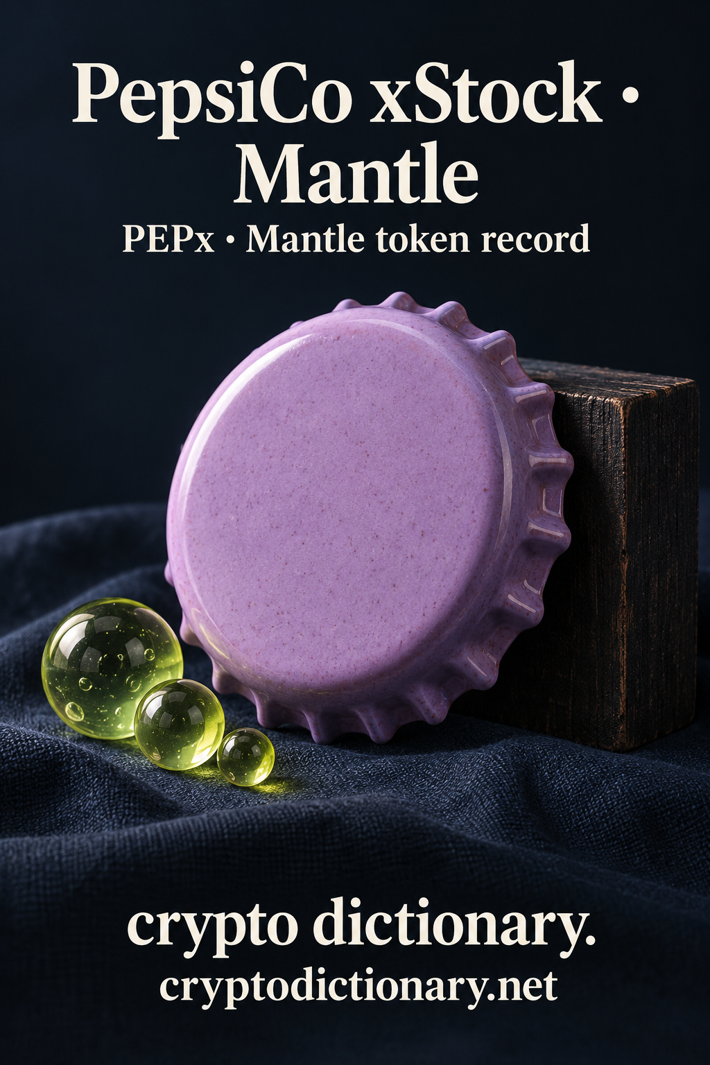 Unbranded lilac ceramic bottle cap and three lime glass bubbles for PepsiCo xStock on Mantle with PEPx registry caption.