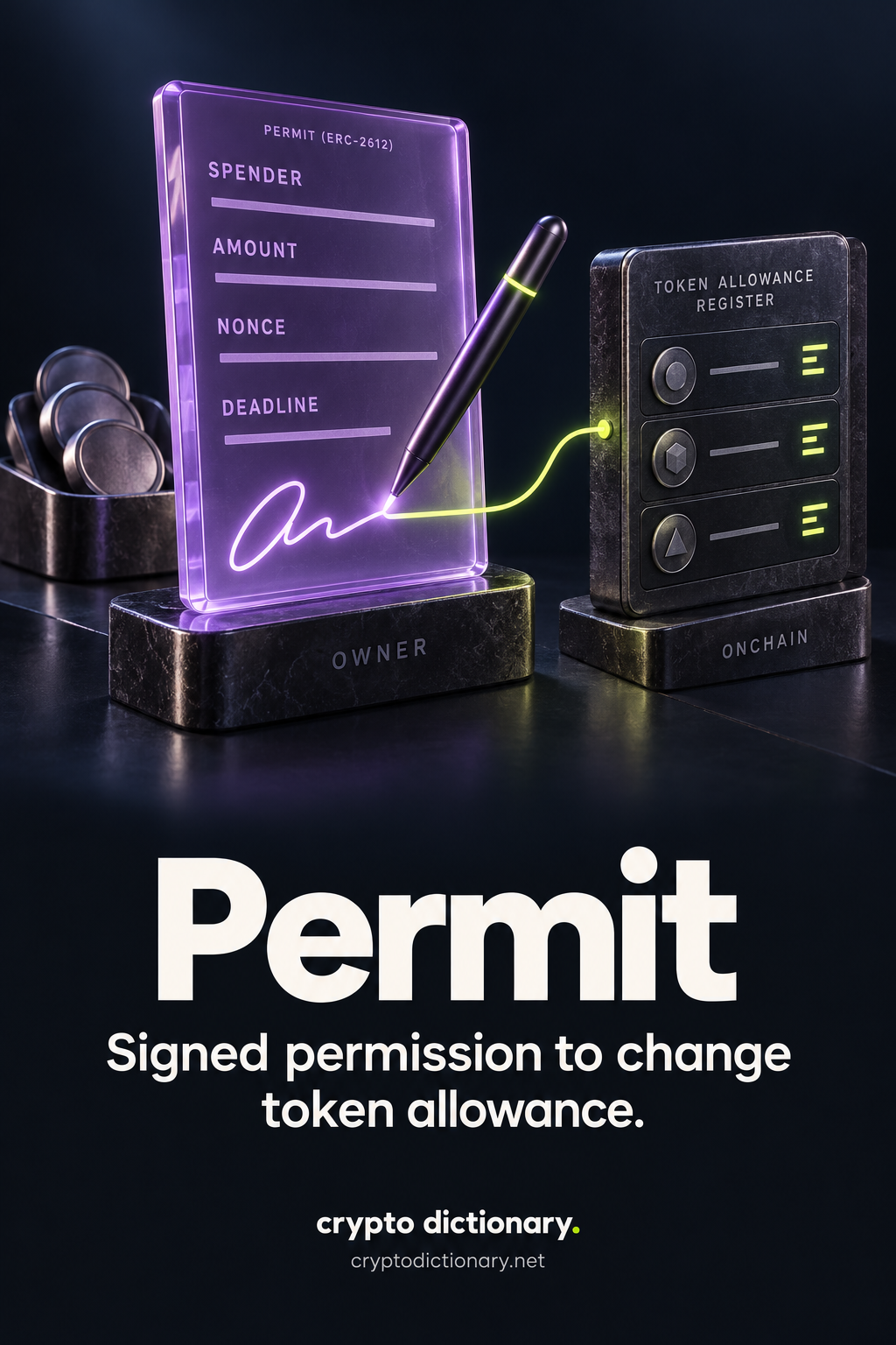 Permit: an owner signs an authorization with spender, amount, nonce and deadline fields that updates an onchain allowance register.
